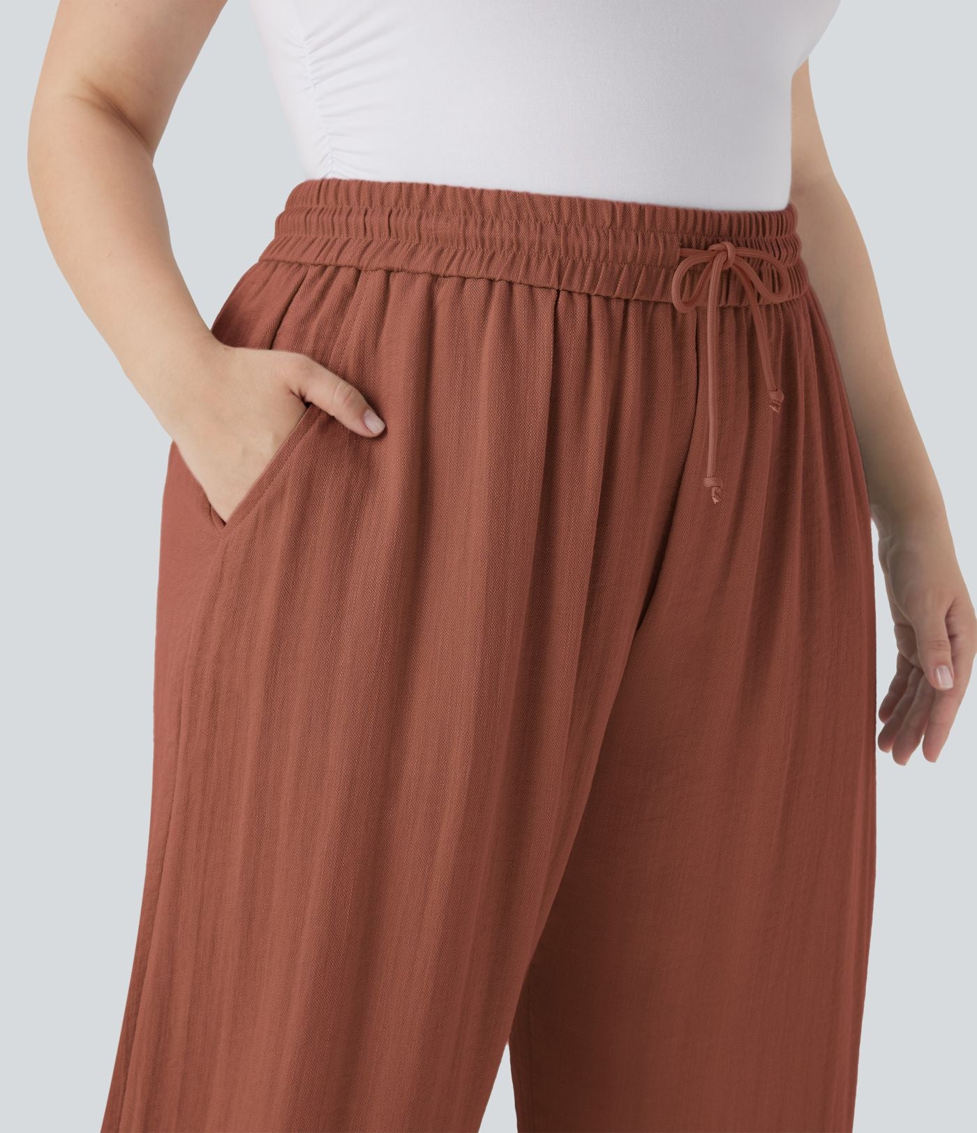 Pantalon décontracté grande taille large fluide taille haute effet lin avec cordon de serrage et poches