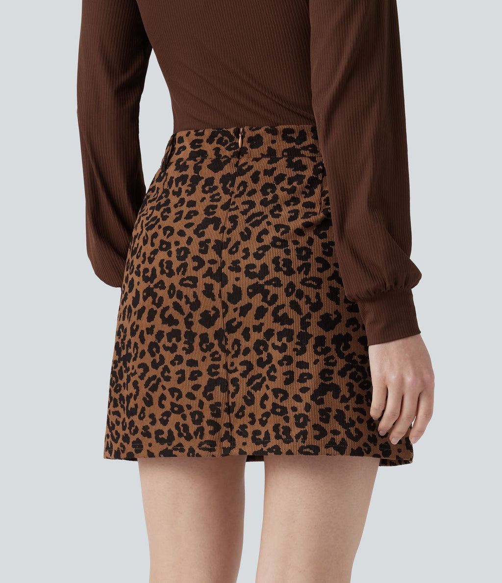 Jupe mini décontractée 2-en-1 taille haute imprimé léopard avec poche