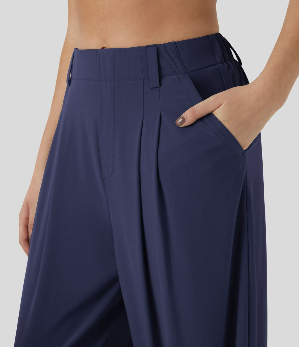 Breezeful™ Pantalon Large Fluide Taille Haute Poches Latérales Palazzo Solide Casual Linen-Feel