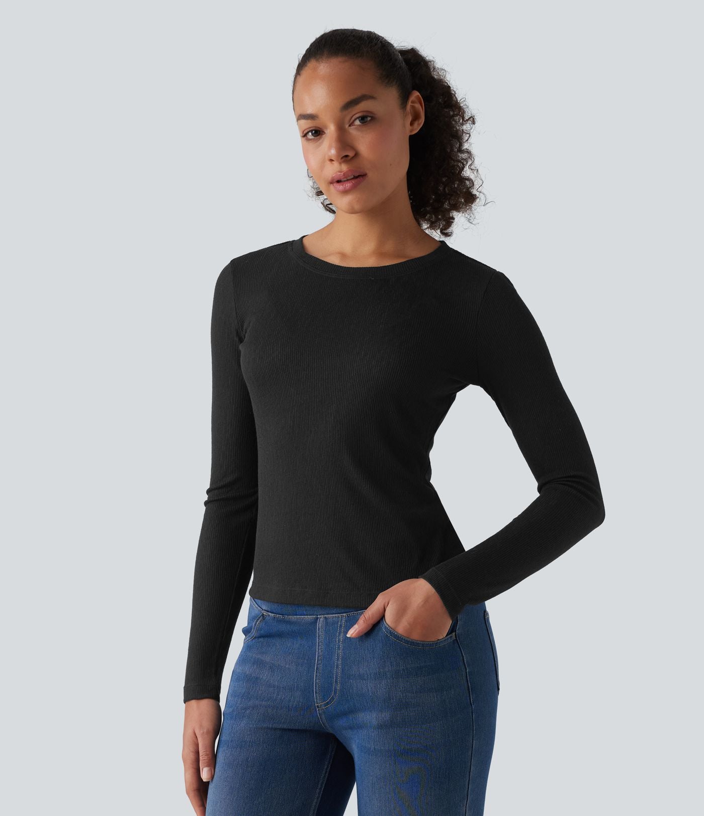 T-shirt décontracté maille côtelée semi-transparent col rond manches longues