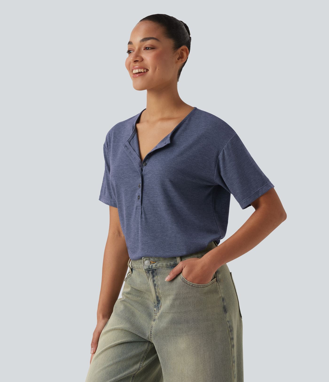 T-shirt casual ample chiné henley manches courtes