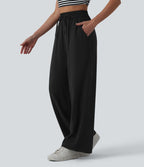 Pantalon casual large fluide mélange lin taille haute avec cordon de serrage et poches