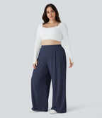 Pantalon de travail grande taille Halara Flex™ à taille haute sculptante et amincissante, poches latérales, jambes larges et tissu micro-gaufré
