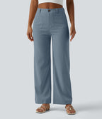 Pantalon taille haute coupe droite effet lin avec poches
