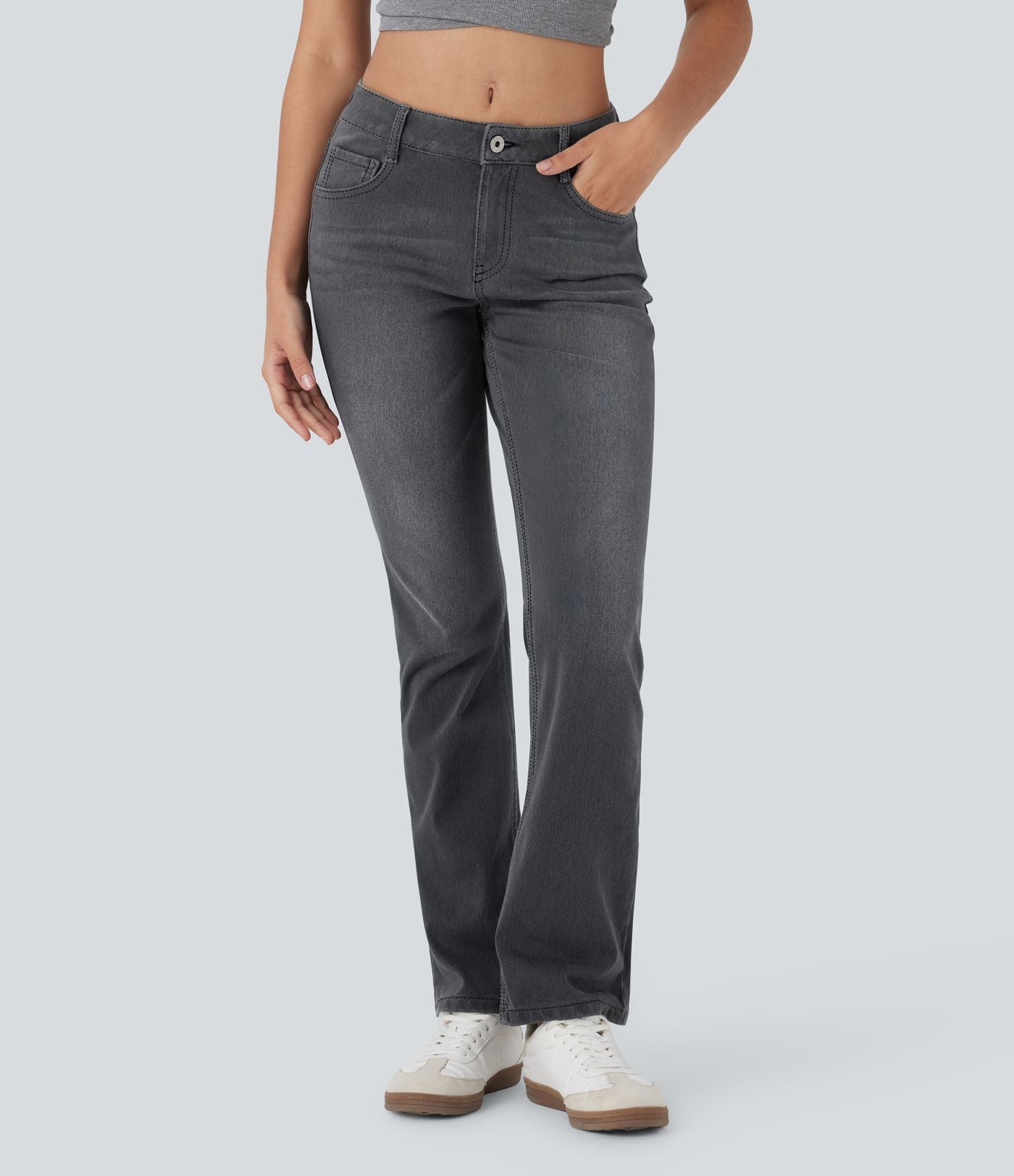 Jean bootcut délavé Halara Flex™ taille basse avec bouton, fermeture éclair et poches multiples