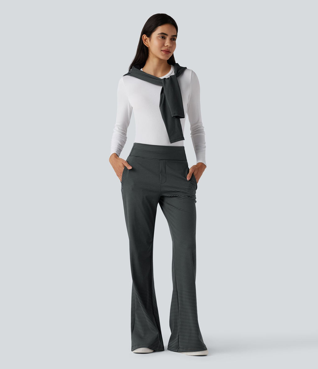 Pantalon de travail évasé taille mi-haute à rayures avec poches zippées