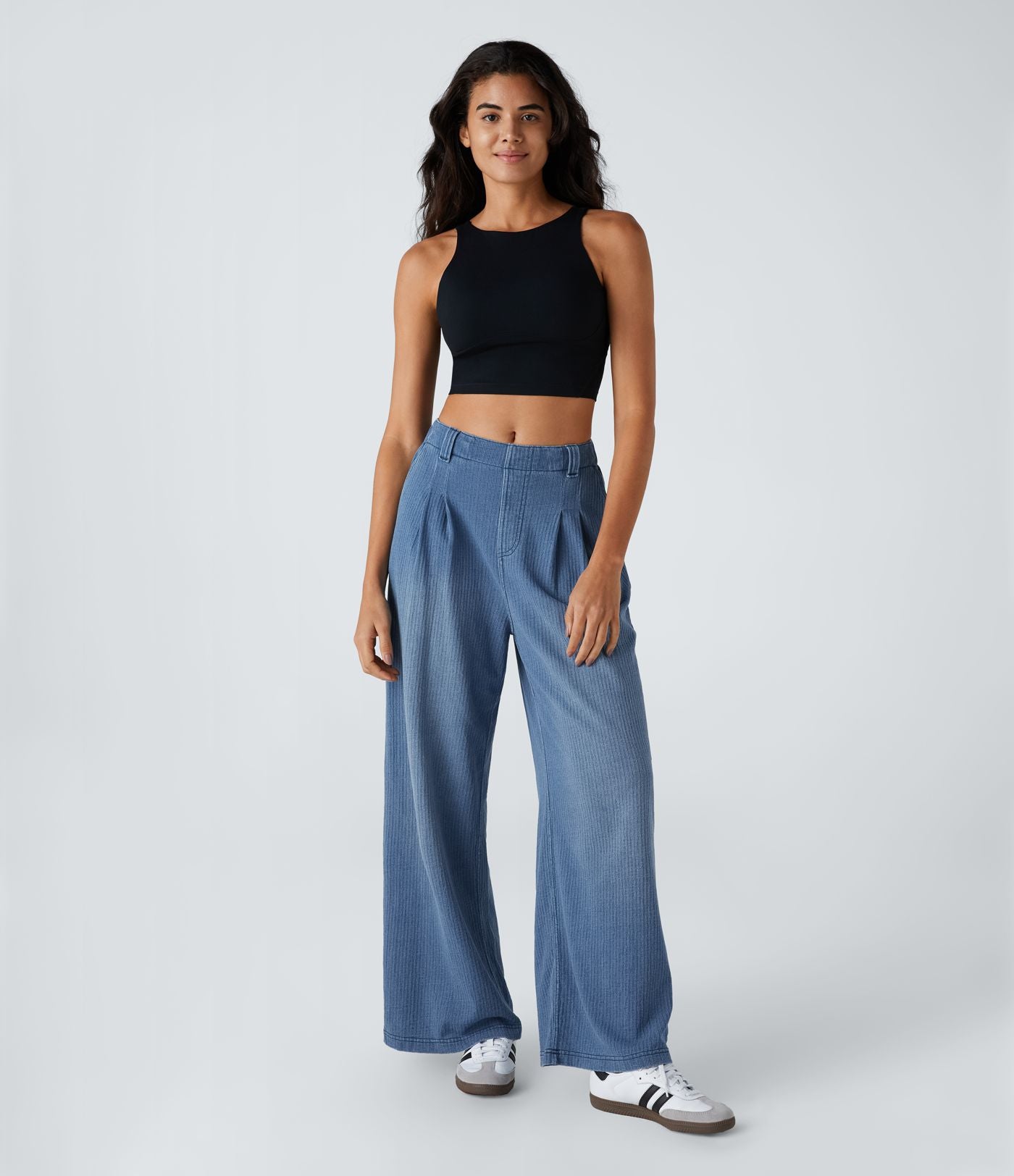 Halara Flex™ Jean Casual Large à Taille Haute avec Poches Latérales et Plis en Maille Extensible