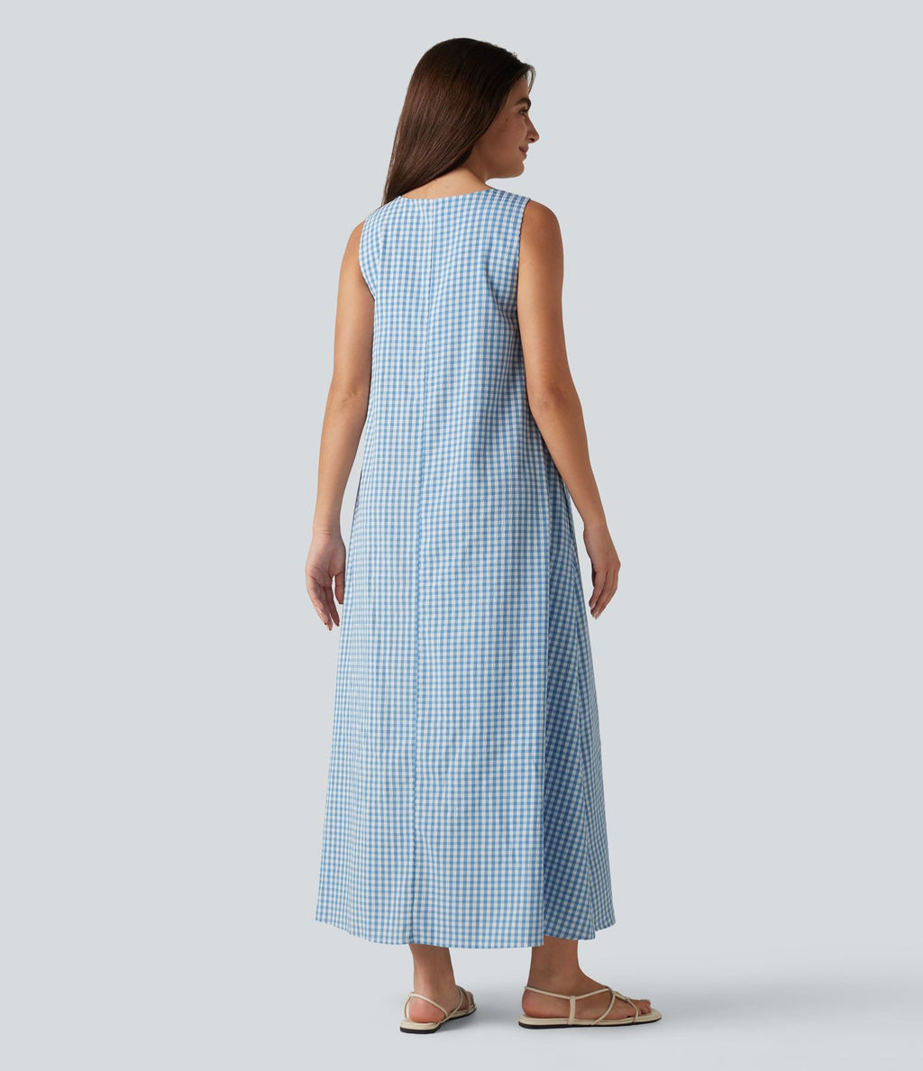 Robe débardeur midi décontractée à col rond sans manches avec soutien-gorge intégré en tissu froissé vichy avec poches