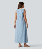 Robe débardeur midi décontractée à col rond sans manches avec soutien-gorge intégré en tissu froissé vichy avec poches