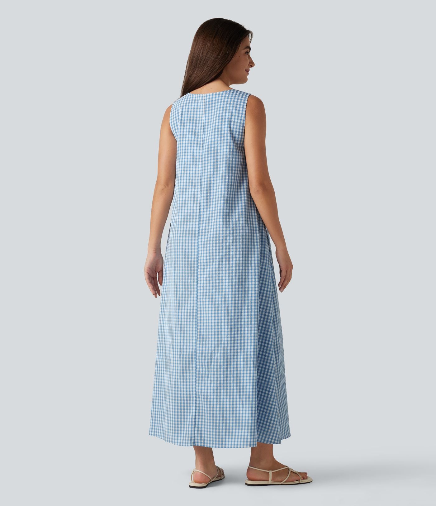 Robe débardeur midi décontractée à col rond sans manches avec soutien-gorge intégré en tissu froissé vichy avec poches
