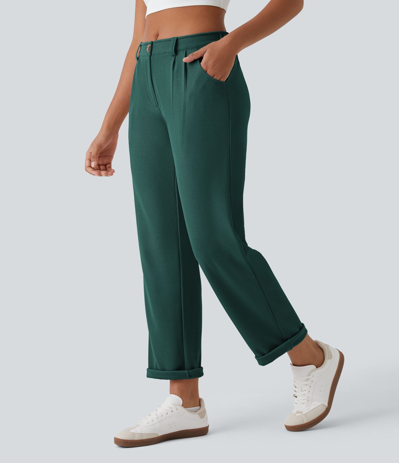 Pantalon casual taille mi-haute en maille gaufrée avec poche zippée