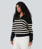 Pull décontracté color block rayé col revers demi-fermeture éclair