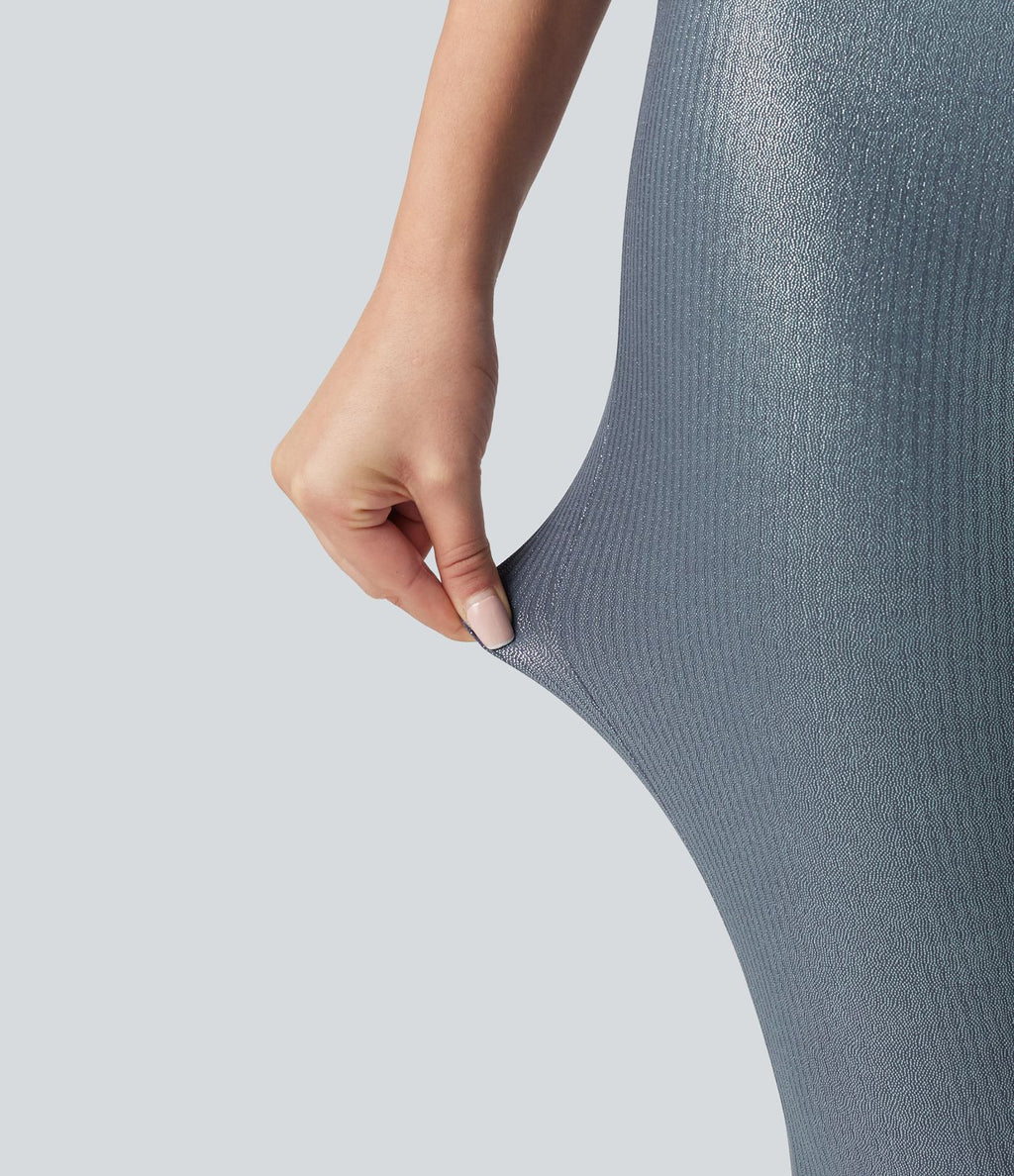 Leggings de yoga taille haute en maille côtelée avec imprimé métallisé et poches