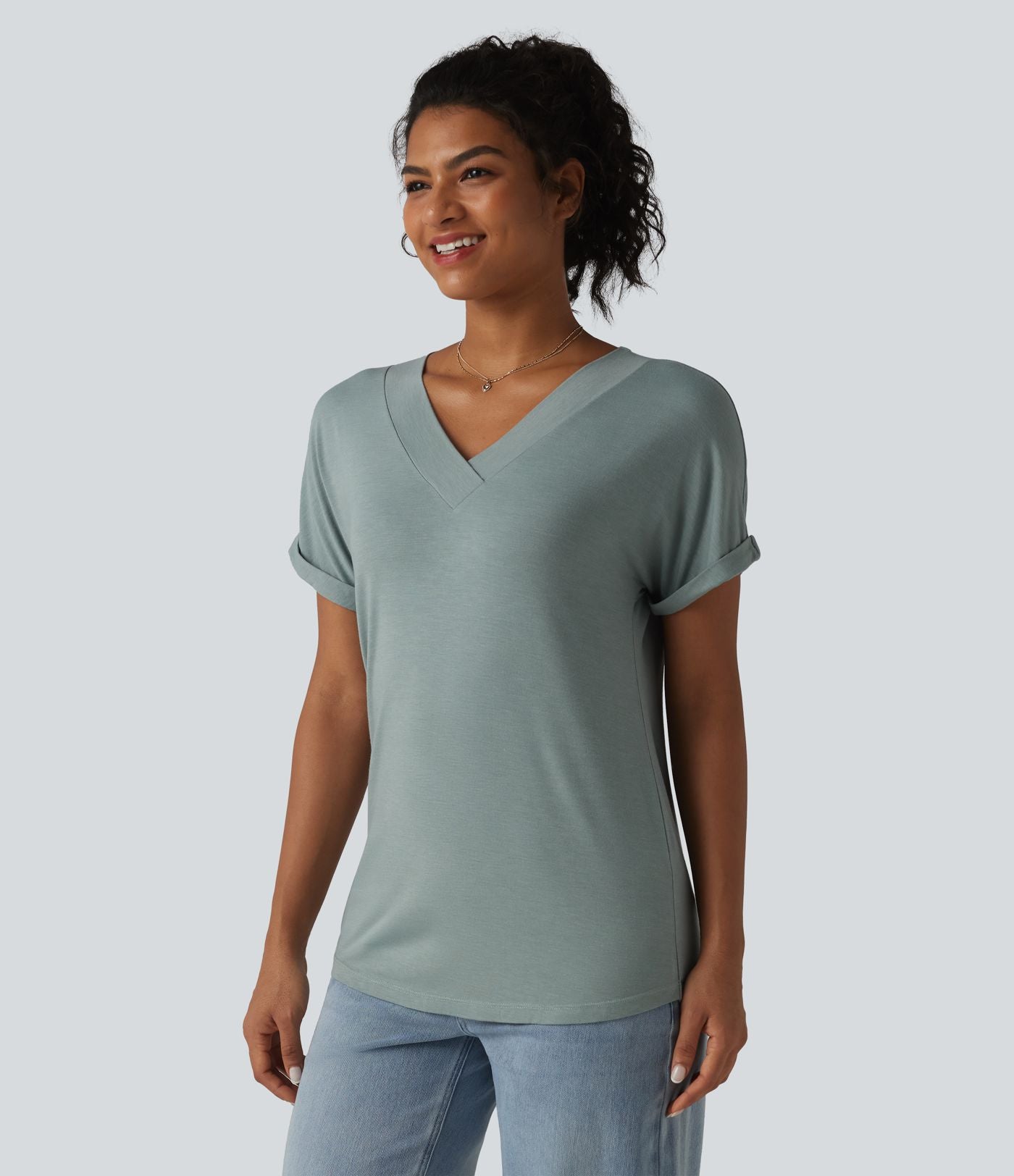 T-shirt décontracté col V à manches chauve-souris courtes