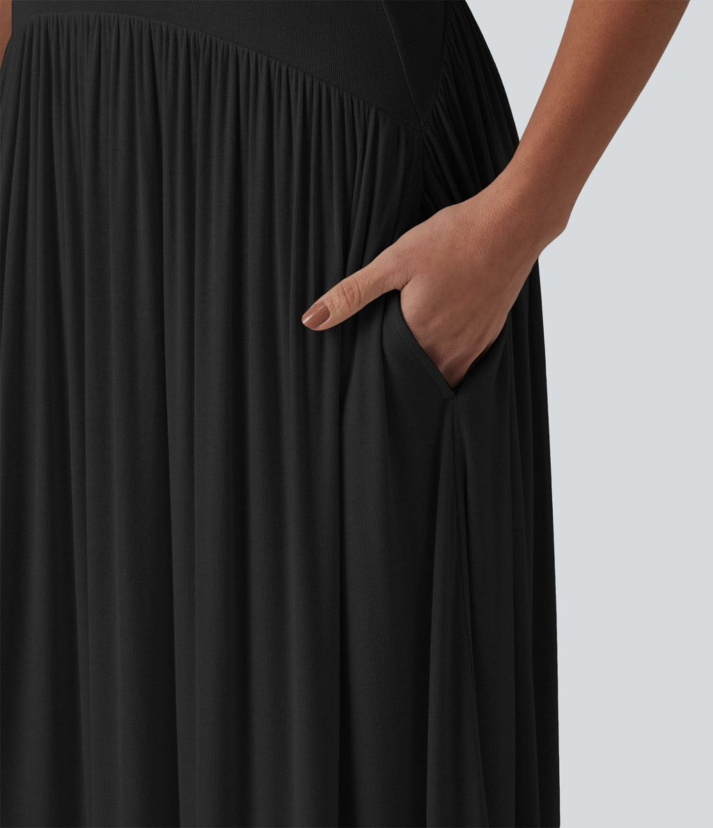 Robe longue fluide côtelée à bretelles fines avec poches
