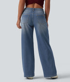 Halara Flex™ Jean Large Casual Taille Basse avec Boutons Zip Multiples Poches Lavés Élastiques et Tricotés