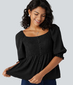 Blouse casual babydoll col carré à manches bouffantes mi-longues et détails froncés