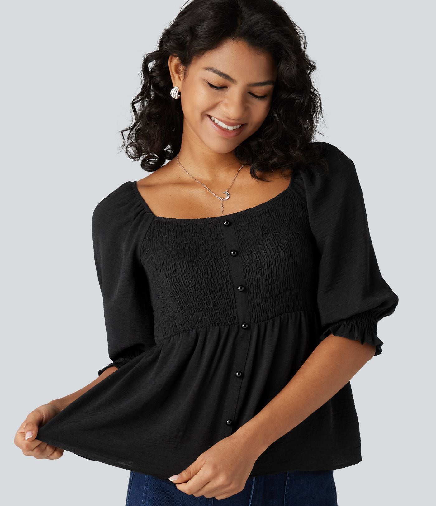 Blouse casual babydoll col carré à manches bouffantes mi-longues et détails froncés