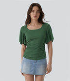 T-shirt décontracté maille côtelée col carré manches papillon froncé