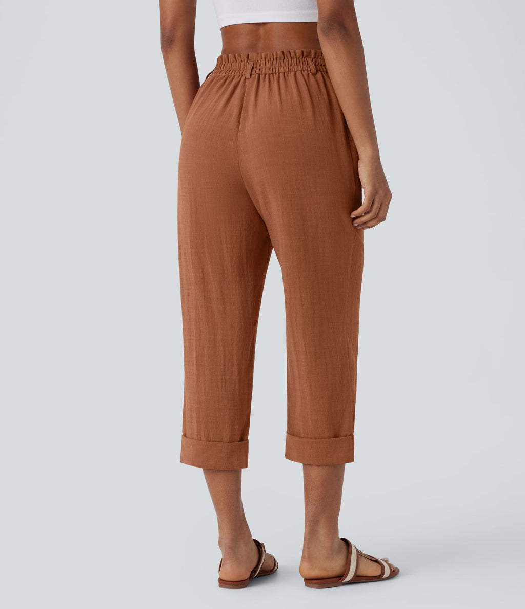 Pantalon capri effet lin taille haute avec poches zippées