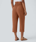 Pantalon capri effet lin taille haute avec poches zippées