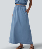 Jupe longue décontractée évasée Halara Flex™ en denim taille haute avec poches