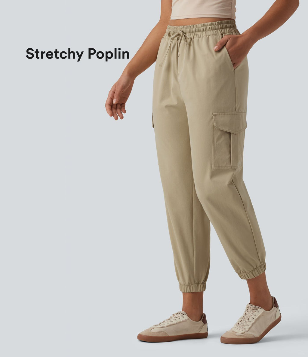 Jogging cargo décontracté popeline extensible taille mi-haute avec cordon de serrage et poches