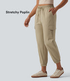 Jogging cargo décontracté popeline extensible taille mi-haute avec cordon de serrage et poches