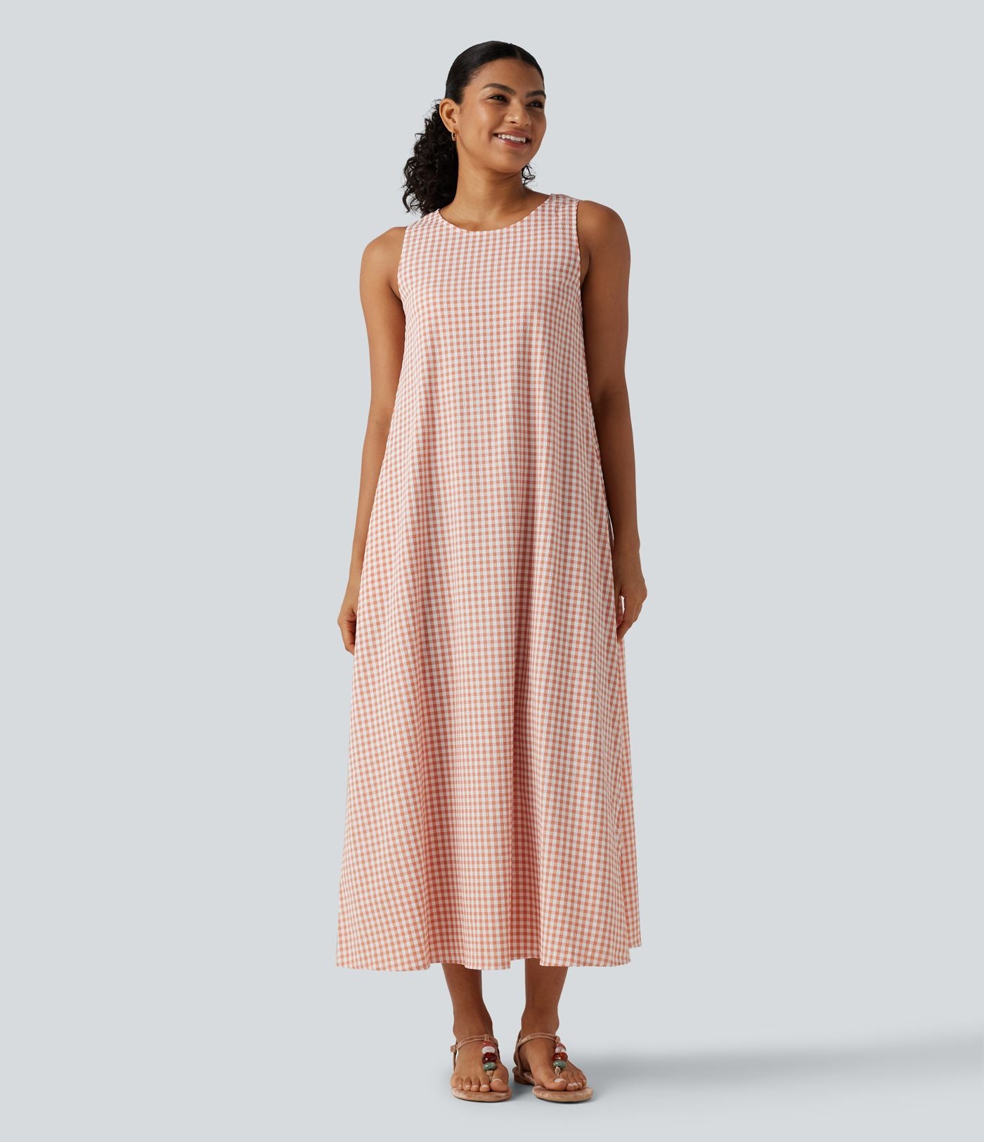 Robe débardeur midi décontractée col rond sans manches en vichy froissé avec poches