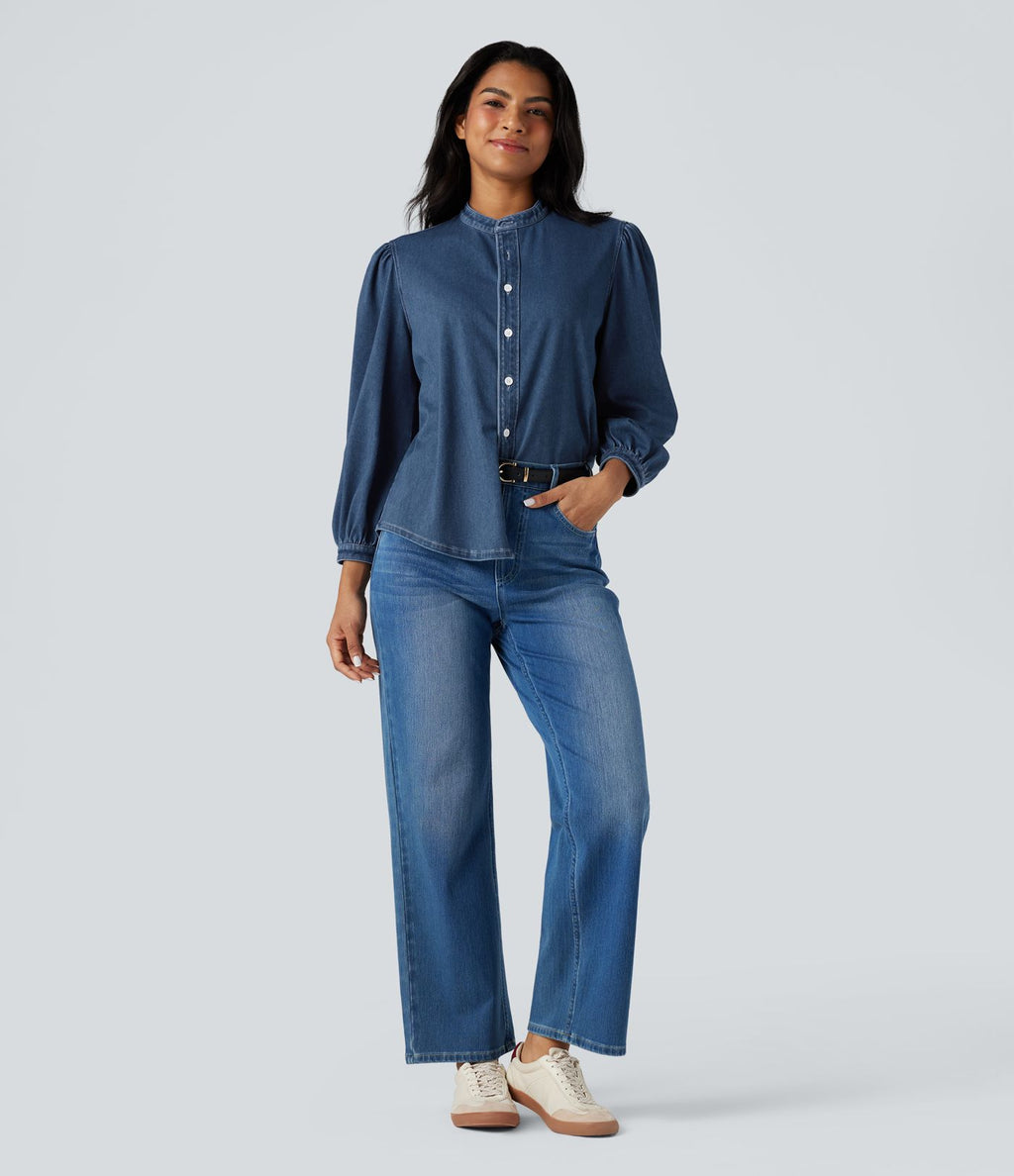 Chemise denim Halara Flex™ col montant manches 3/4 bouffantes