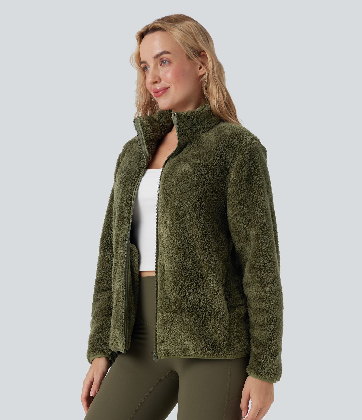 Veste décontractée sherpa col montant manches longues avec poches