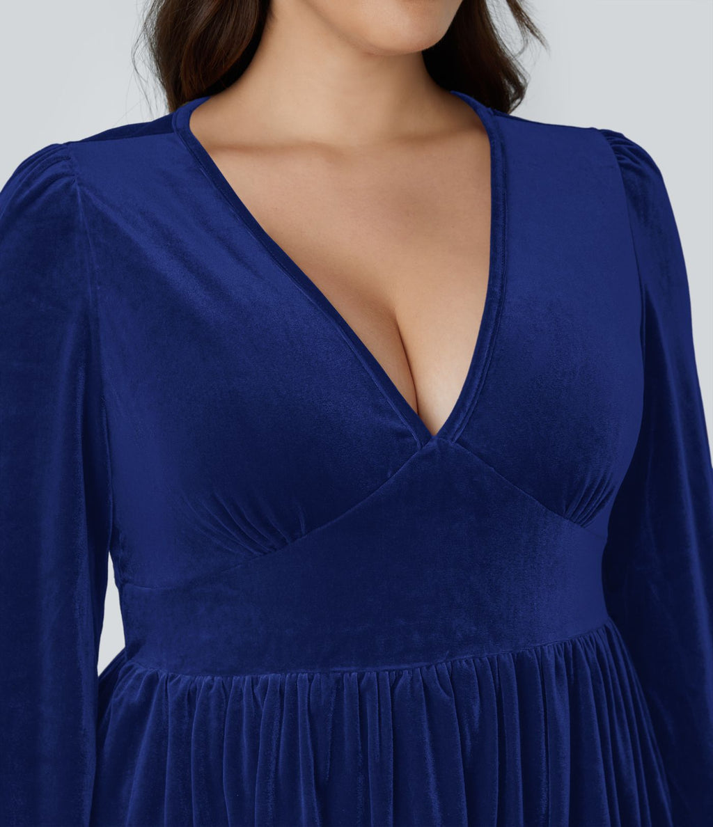 Quotidien de Robe Velours Mini Grande Taille avec Décolleté Profond en V et Ourlet à Volants