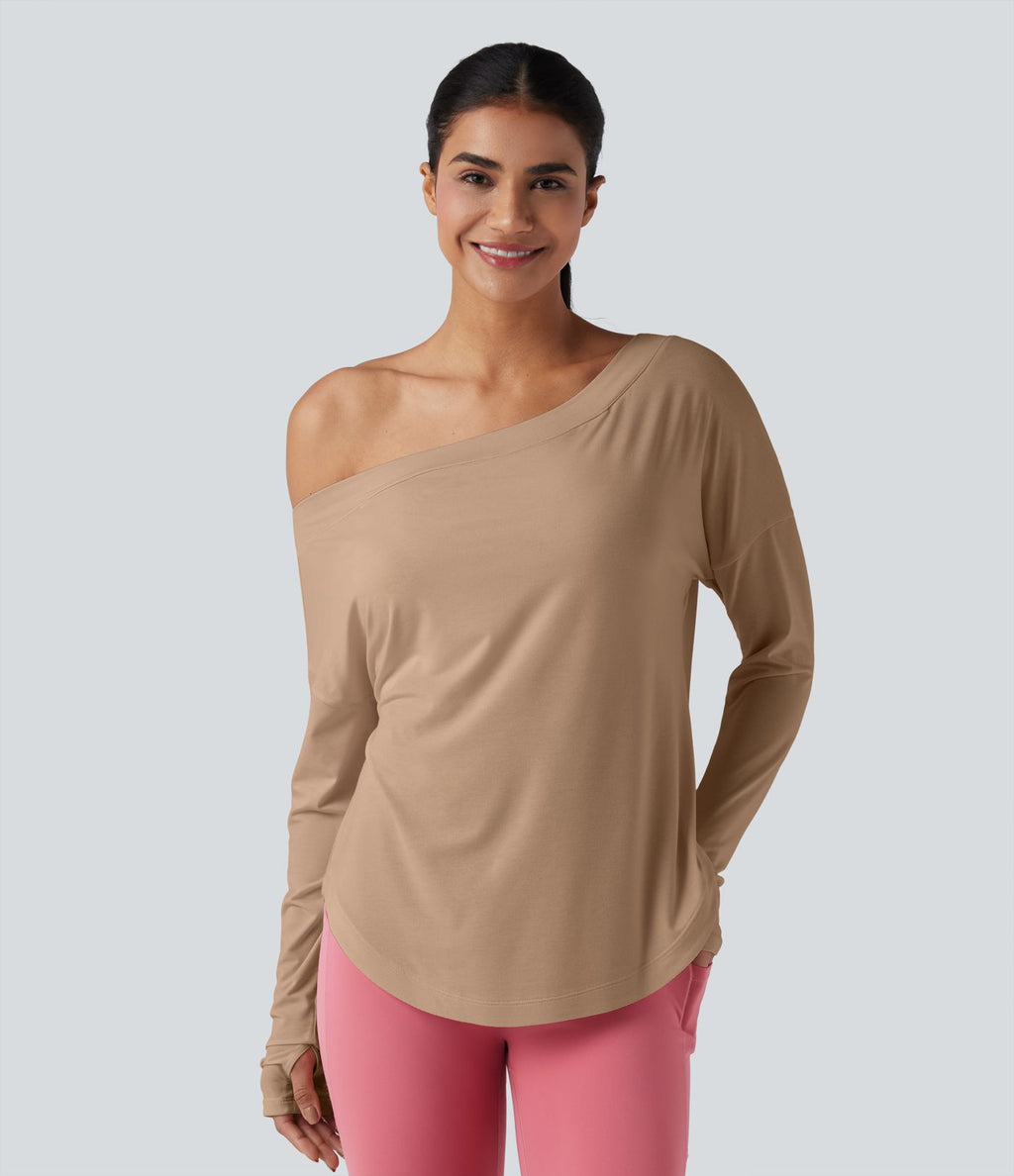 Top de sport yoga une épaule séchage rapide ourlet arrondi asymétrique manches longues avec trous pouces - Brassière intégrée
