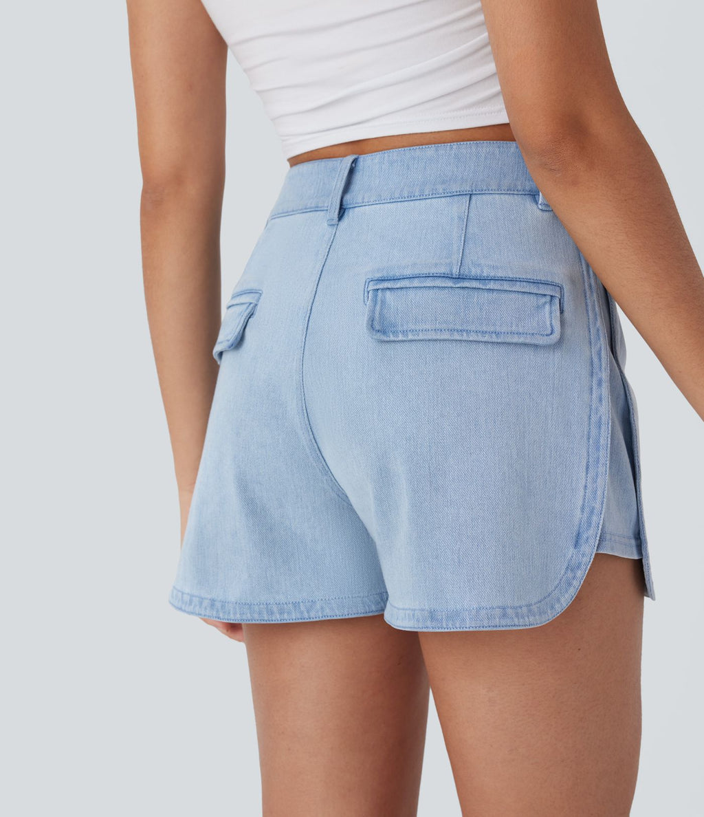Short décontracté en denim extensible Halara Flex™ taille haute avec bouton, fermeture éclair et ourlet courbé 7,5 cm