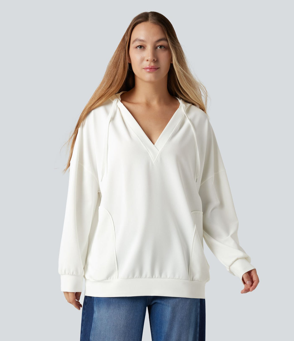 Sweat-shirt à capuche col V manches longues coupe décontractée avec poches