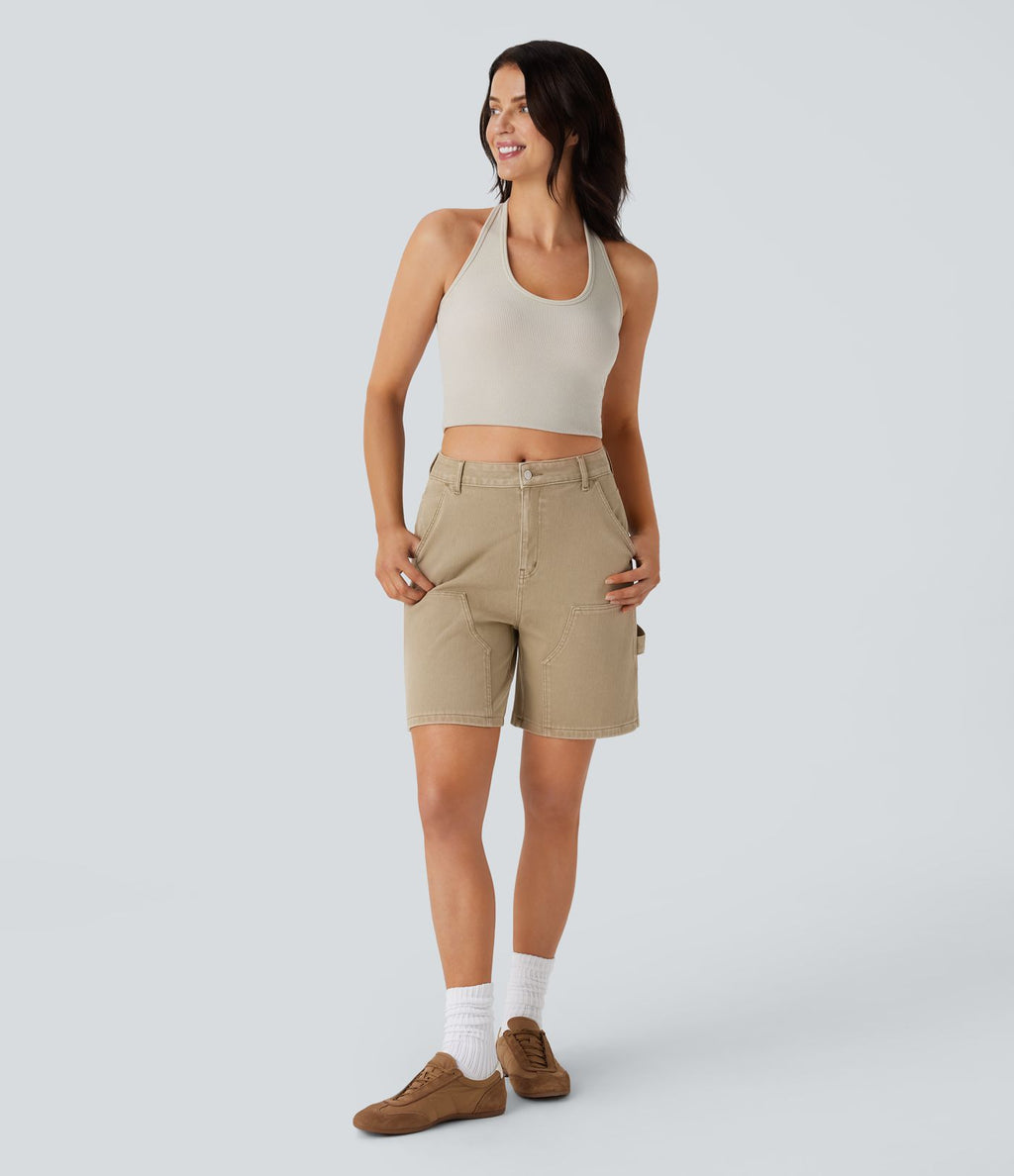 Short bermuda décontracté en denim extensible lavé Halara Flex™ taille mi-haute avec poches multiples