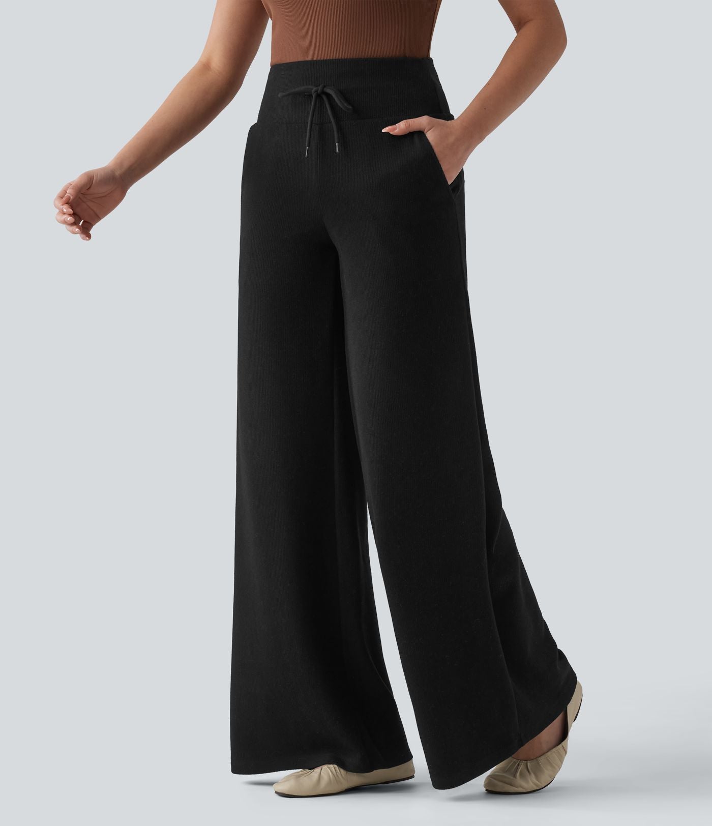 Pantalon casual bootcut gainant taille haute à cordon de serrage en maille côtelée avec poches