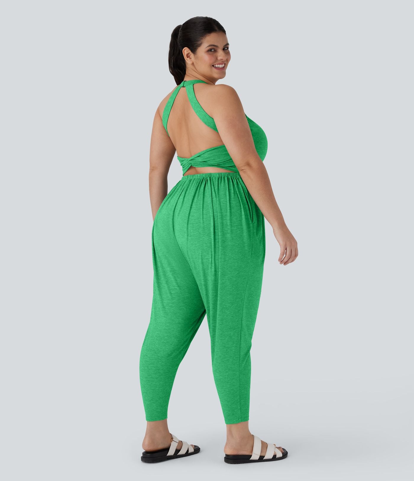 Combinaison sarouel dos nu torsadée grande taille avec poche latérale - Édition facile à enfiler