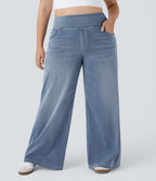 Halara Flex™ Jeans Larges Casual Taille Haute Multiples Poches Lavés Élastiques et Tricotés Grande Taille