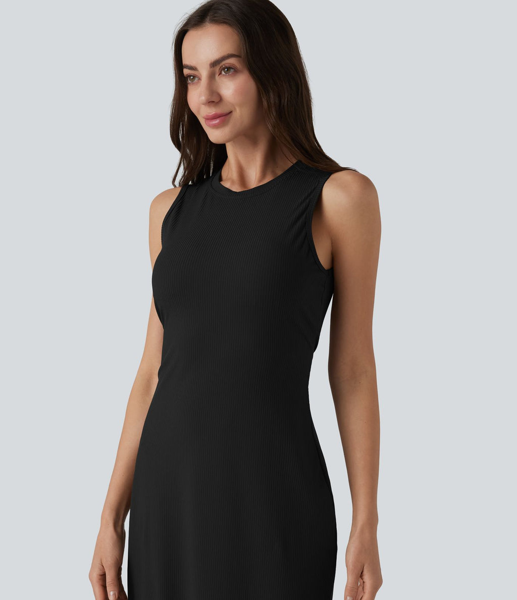 Robe midi moulante décontractée côtelée à col rond sans manches avec soutien-gorge intégré