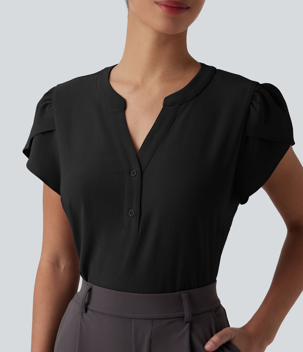 Blouse de travail col V manches pétales courtes