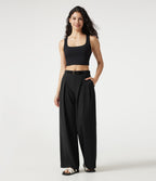 Pantalon casual ample toucher lin taille mi-haute à poches