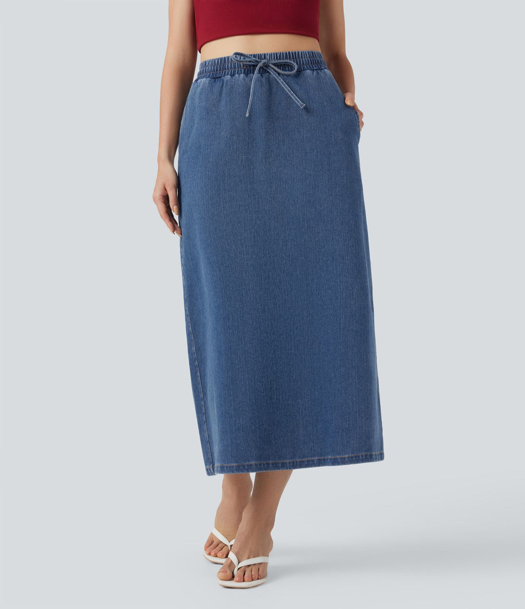Jupe midi décontractée en denim Halara Flex™ taille haute avec cordon, fente et poches