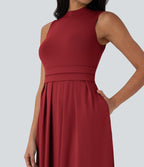 Robe longue décontractée sans manches à col montant, coupe évasée et poches latérales