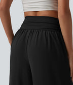 Pantalon ample taille haute ventre plat aspect lin avec fronces et poches