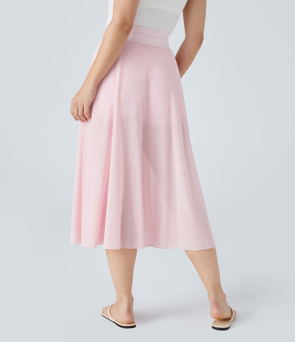 Jupe Casual Évasée Mesh Mi-Longue Fuide 2 en 1 Contrastée Taille Haute Cordon Poche Latérale