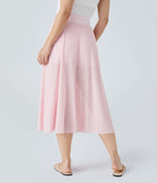 Jupe Casual Évasée Mesh Mi-Longue Fuide 2 en 1 Contrastée Taille Haute Cordon Poche Latérale