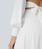 Robe longue de demoiselle d'honneur et invitée de mariage, col V, dos nu, liens à nouer, boutons et manches évasées