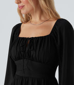 Robe décontractée mini décolleté carré manches longues laçage corset avec lien dos