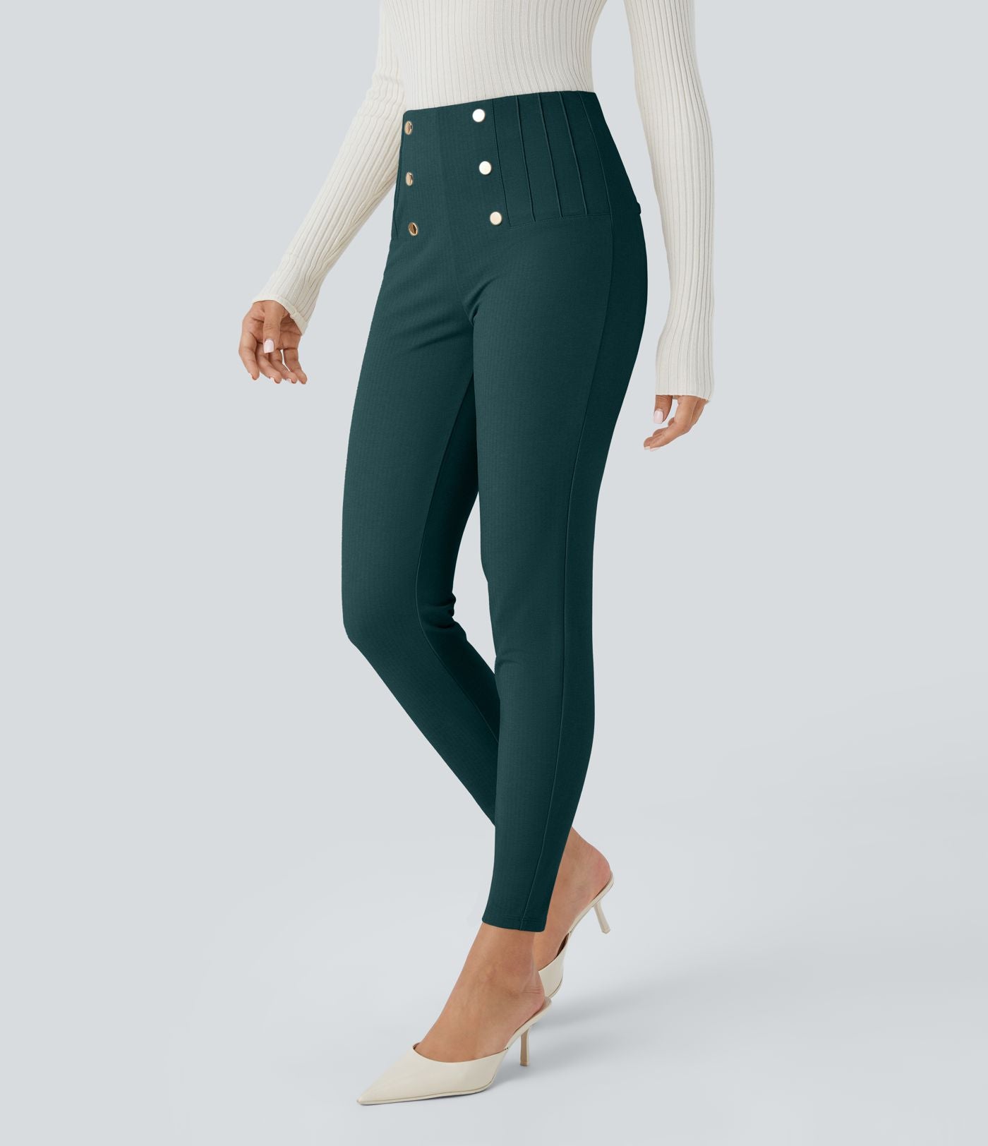 Pantalon tailleur skinny gainant taille haute à chevrons avec poches arrière zippées décoratives